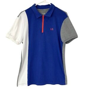 Armani Exchange Blue Colorblock Polo Medium Quarter Zip Collared Short Slv Logo